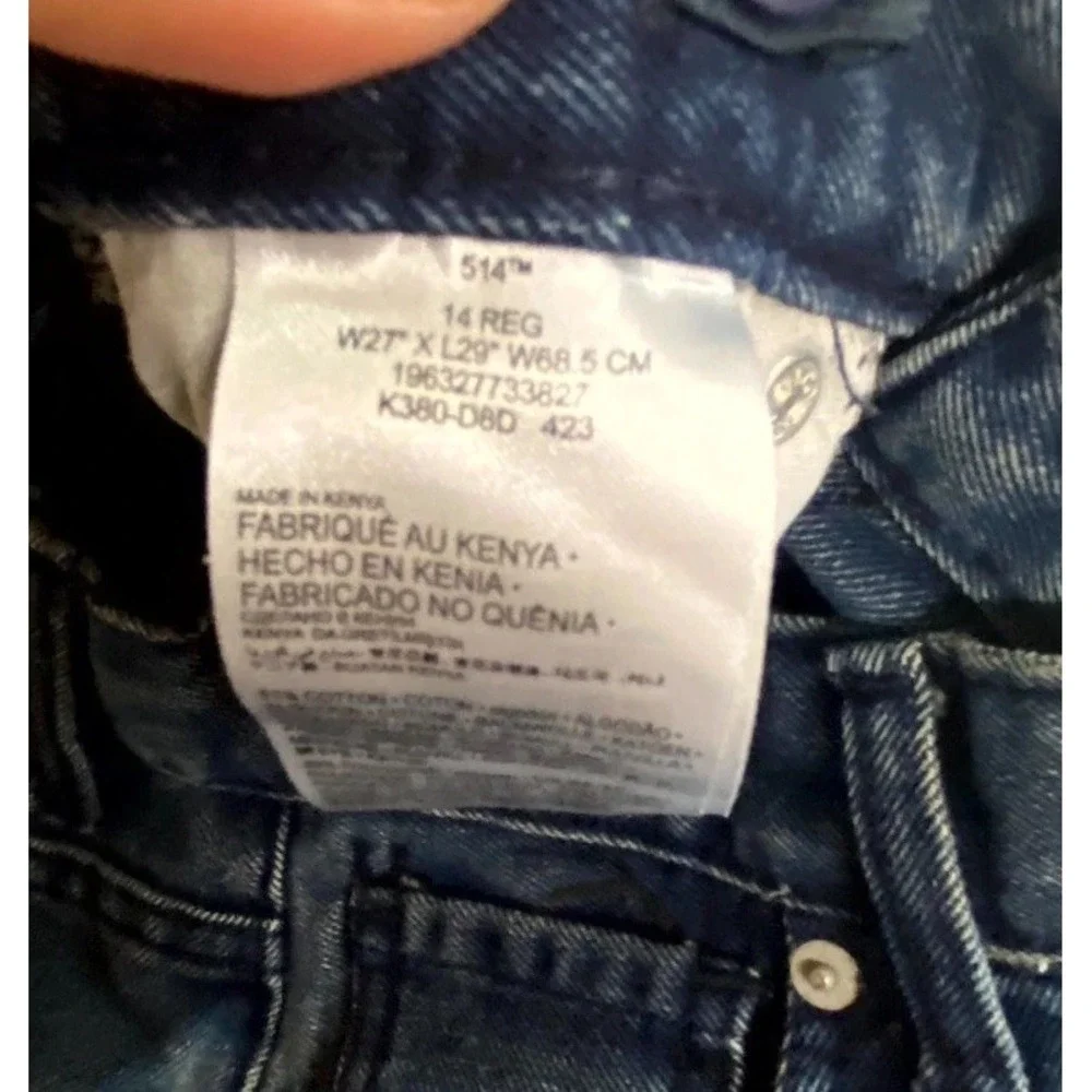 Levis 514 Jeans Boys 14R 27 Blue Whiskered Denim Cotton Medium Wash Straight Leg